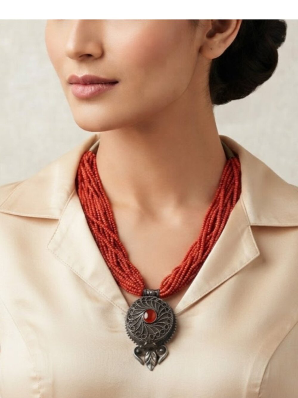 Vintage Tibetan Genuine Red Coral Necklace 20-Strand Twisted Bali Silver Locket